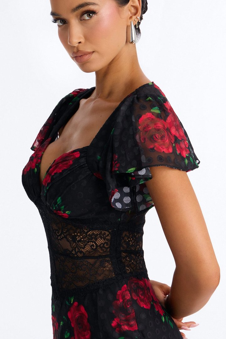 Isabella Floral Polka Dot Chiffon Midi Dress - Black/Red