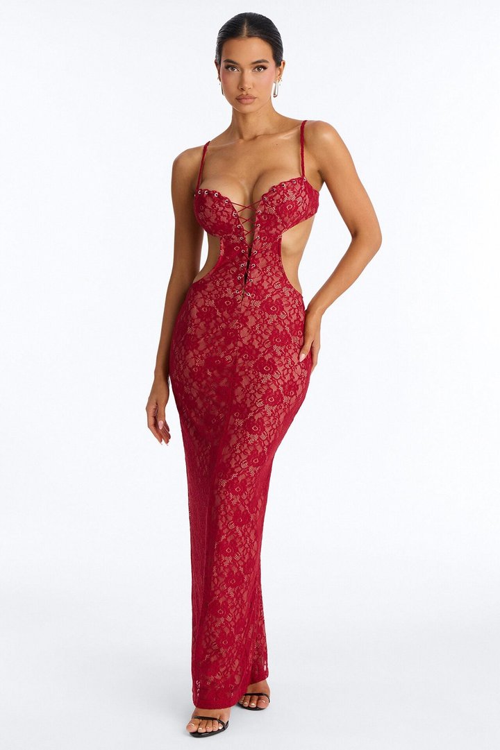 Seduce The Night Lace Maxi Dress - DarkRed