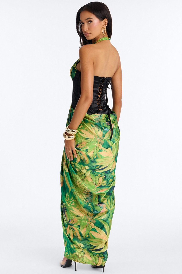 Samara Corset Satin Maxi Dress - Green/combo