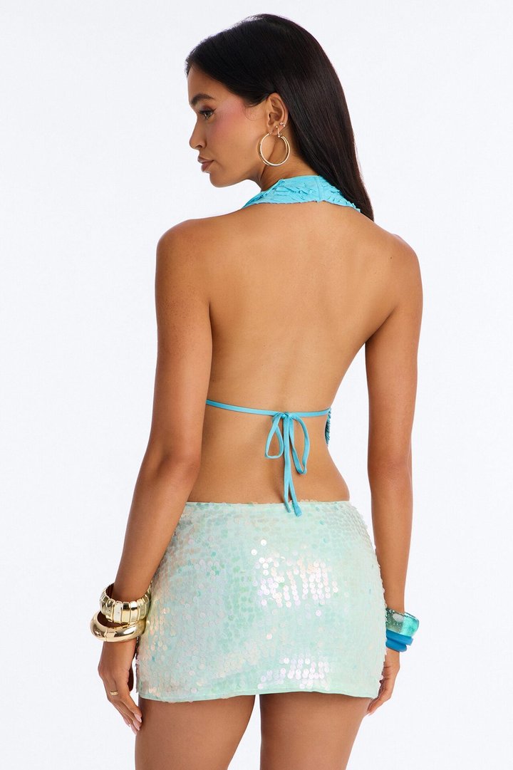 Playa Paradise Textured Deep Cowl Halter Top - Blue