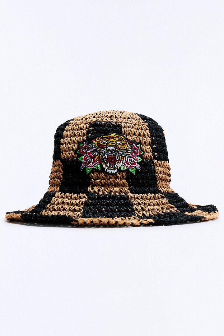 Tiger On Check Ed Hardy Straw Bucket Hat - Natural/Combo