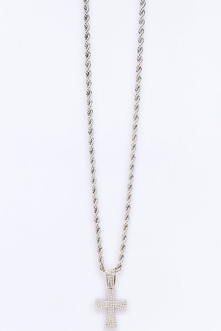 Titan Iced Cross Rope Chain Necklace - Silver