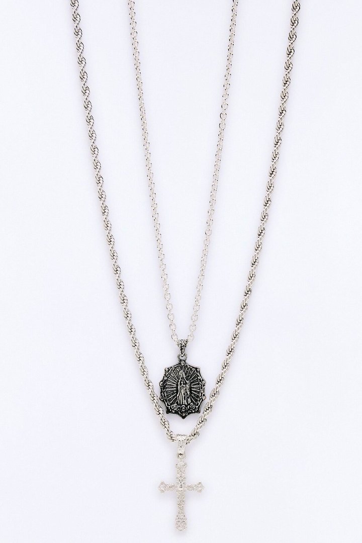 Saintly Cross Pendant Necklace Set - Silver