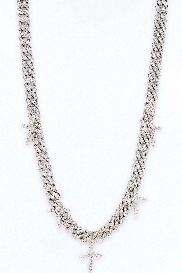 Iced Multi Cross Cuban Chain Necklace - Silver