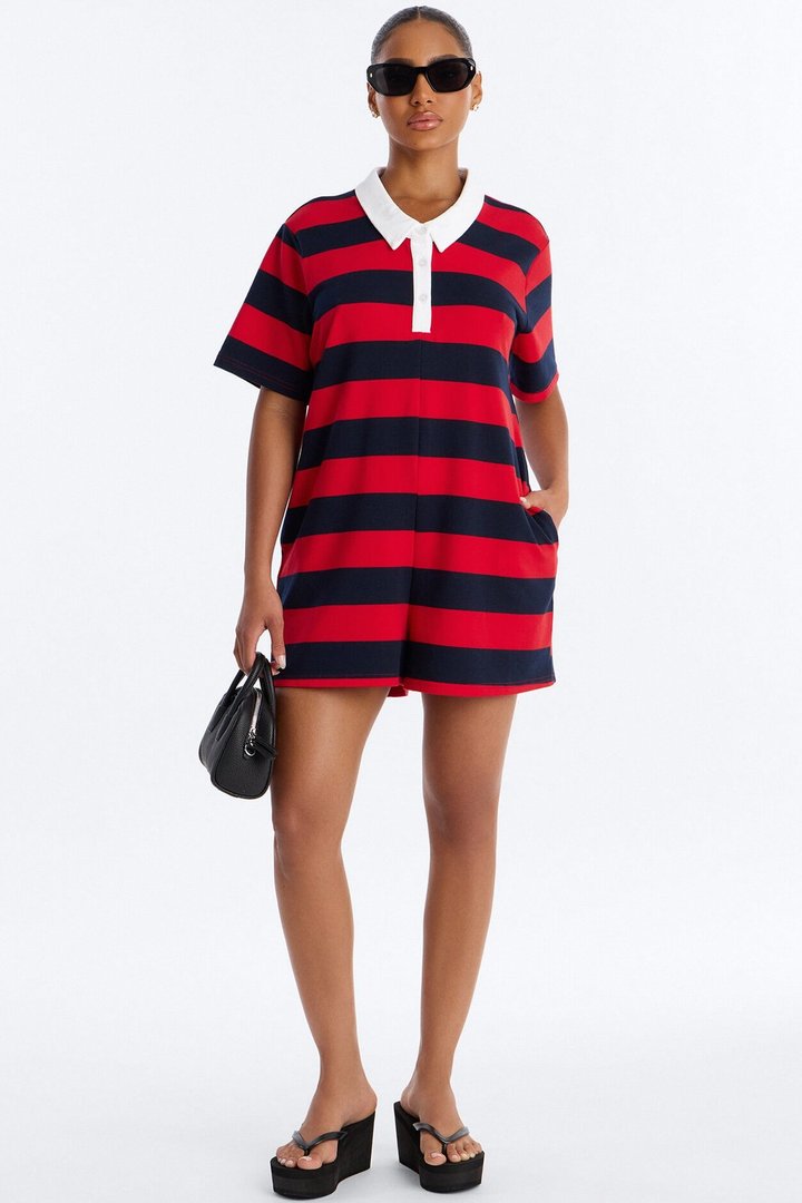 Bailey Striped Polo Romper - Burgundy
