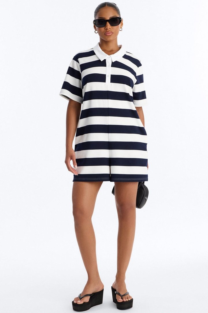 Bailey Striped Polo Romper - Navy