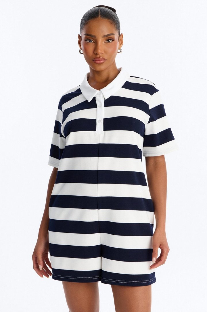 Bailey Striped Polo Romper - Navy