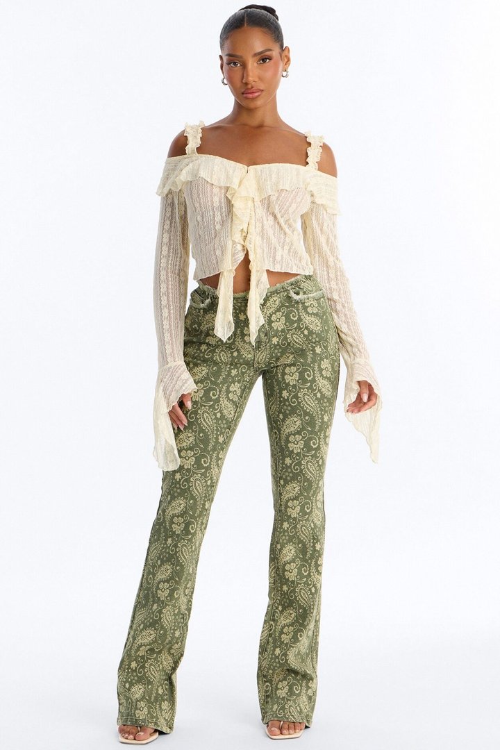 Lazy Paisley Low Rise Printed Jeans - Olive
