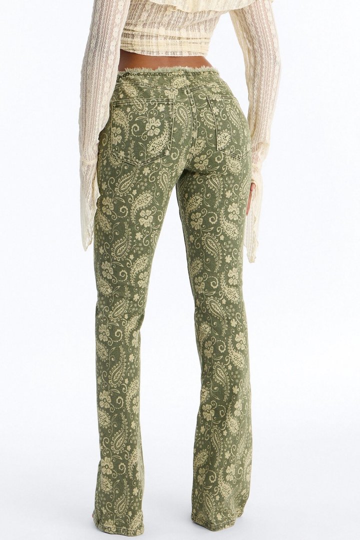 Lazy Paisley Low Rise Printed Jeans - Olive