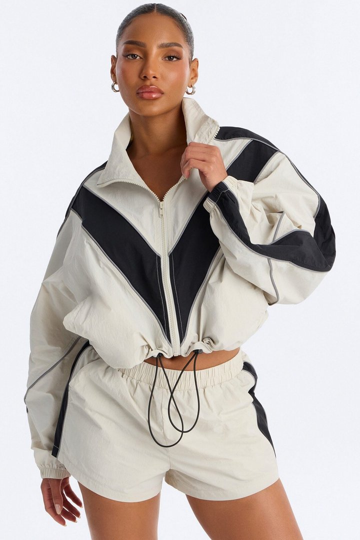 Break A Sweat Windbreaker Funnel Neck Track Jacket - Taupe/combo