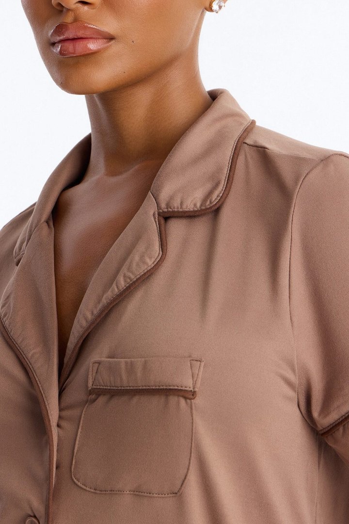Blush Nights Button Up Short Sleeve PJ Short Set - Brown
