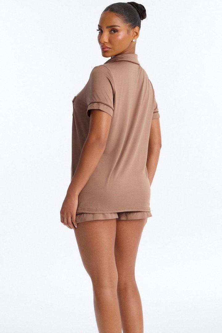 Blush Nights Button Up Short Sleeve PJ Short Set - Brown