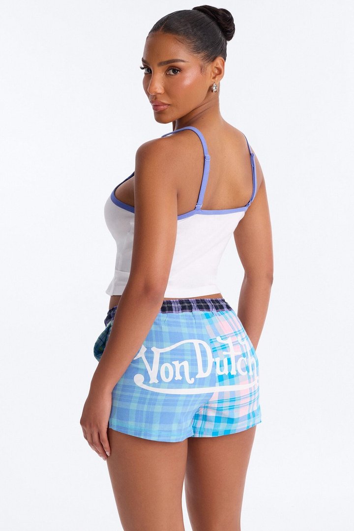 Von Dutch Plaid Logo PJ Short Set - White/Blue