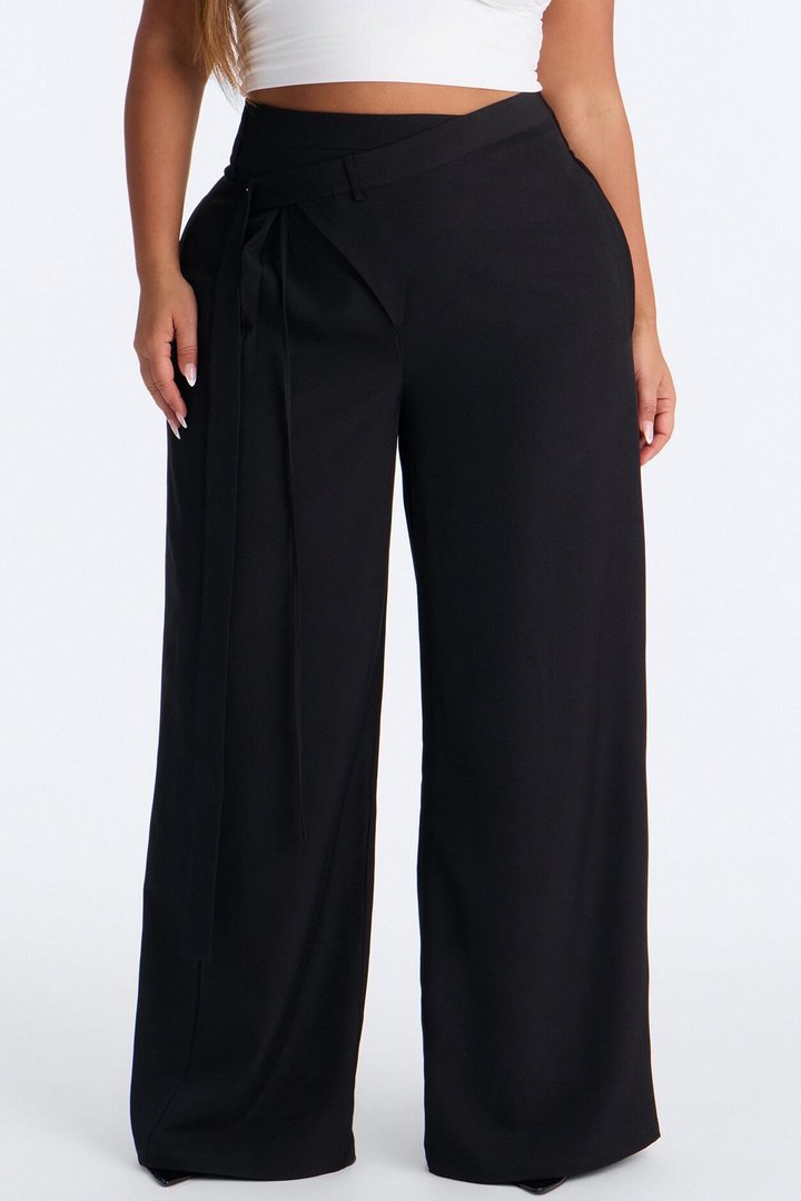 Center of Attention Asymmetrical Waist Wide Leg Trousers - Black