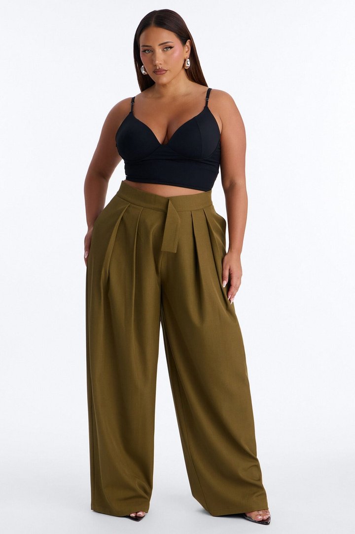 Vivienne Pleated Pull Tab Wide Leg Trouser - Olive