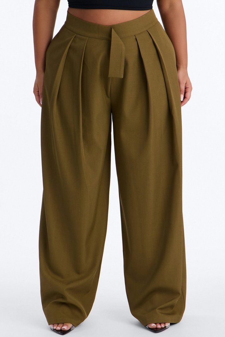 Vivienne Pleated Pull Tab Wide Leg Trouser - Olive
