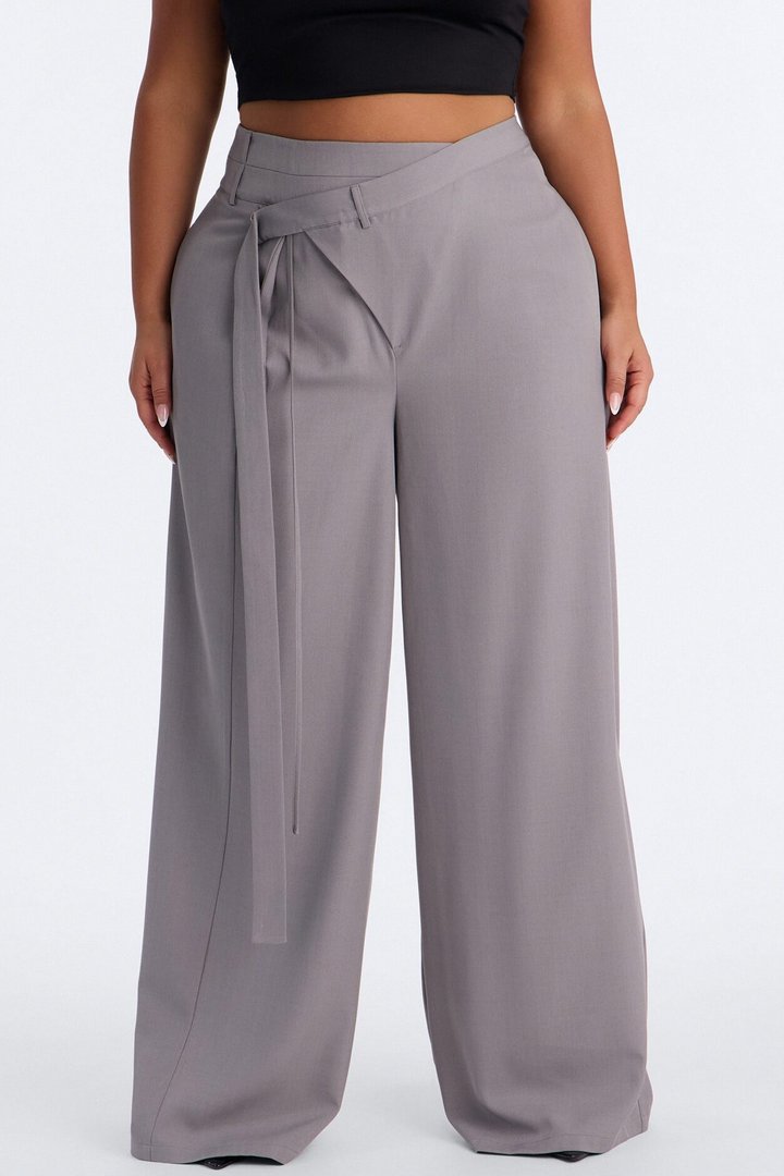 Center of Attention Asymmetrical Waist Wide Leg Trousers - Grey