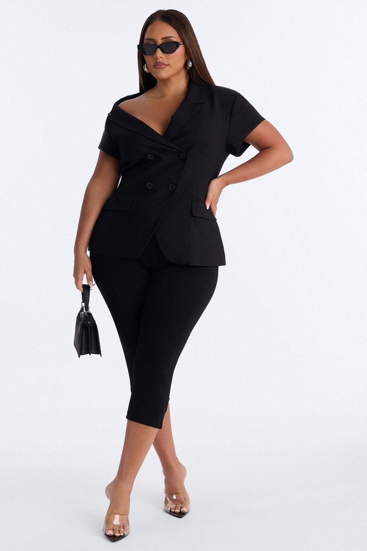 Valerie Asymmetrical Neckline Short Sleeve Blazer - Black