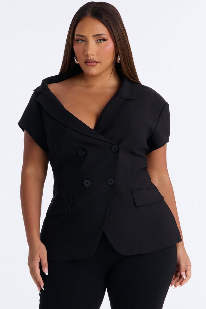 Valerie Asymmetrical Neckline Short Sleeve Blazer - Black