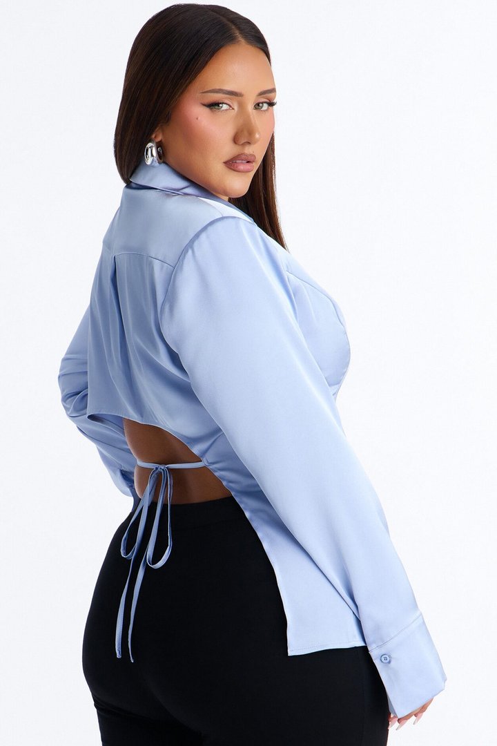 She Sets The Tone Shoulder Pads Satin Shirt - Periwinkle