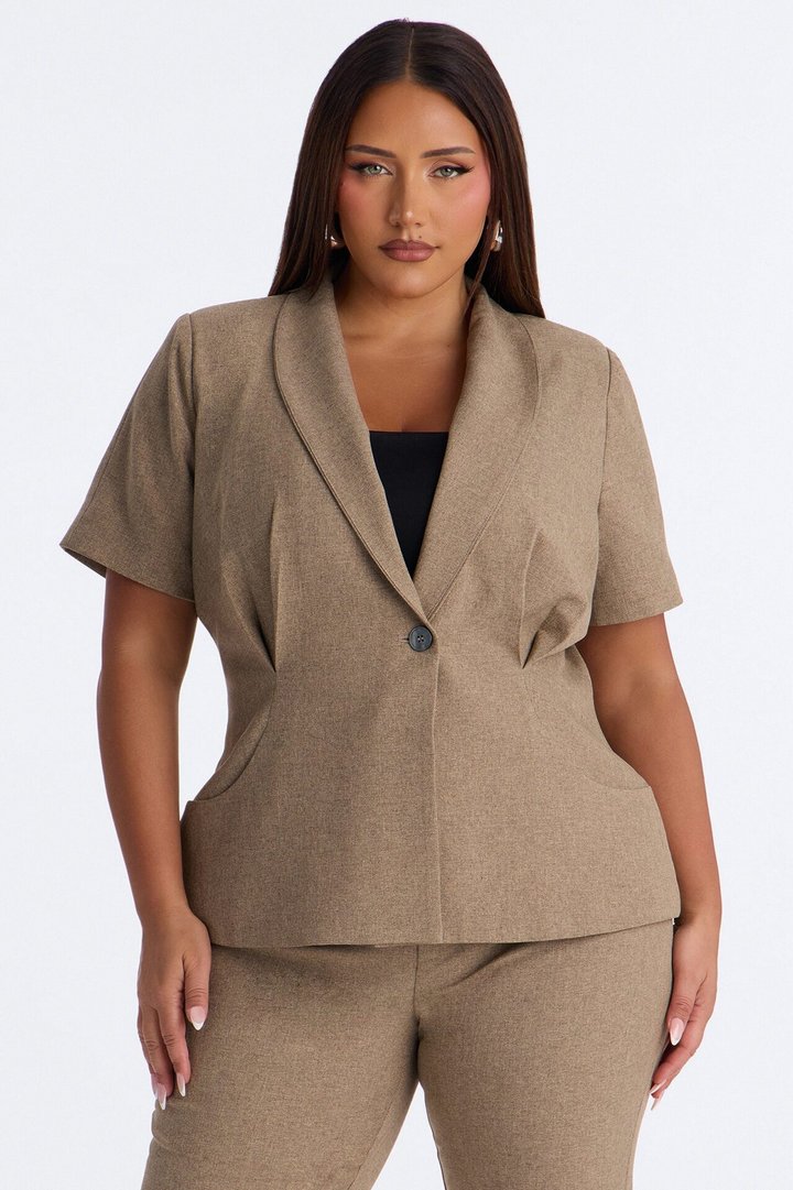 Panthere Short Sleeve Rounded Stand Collar Blazer - Caffe