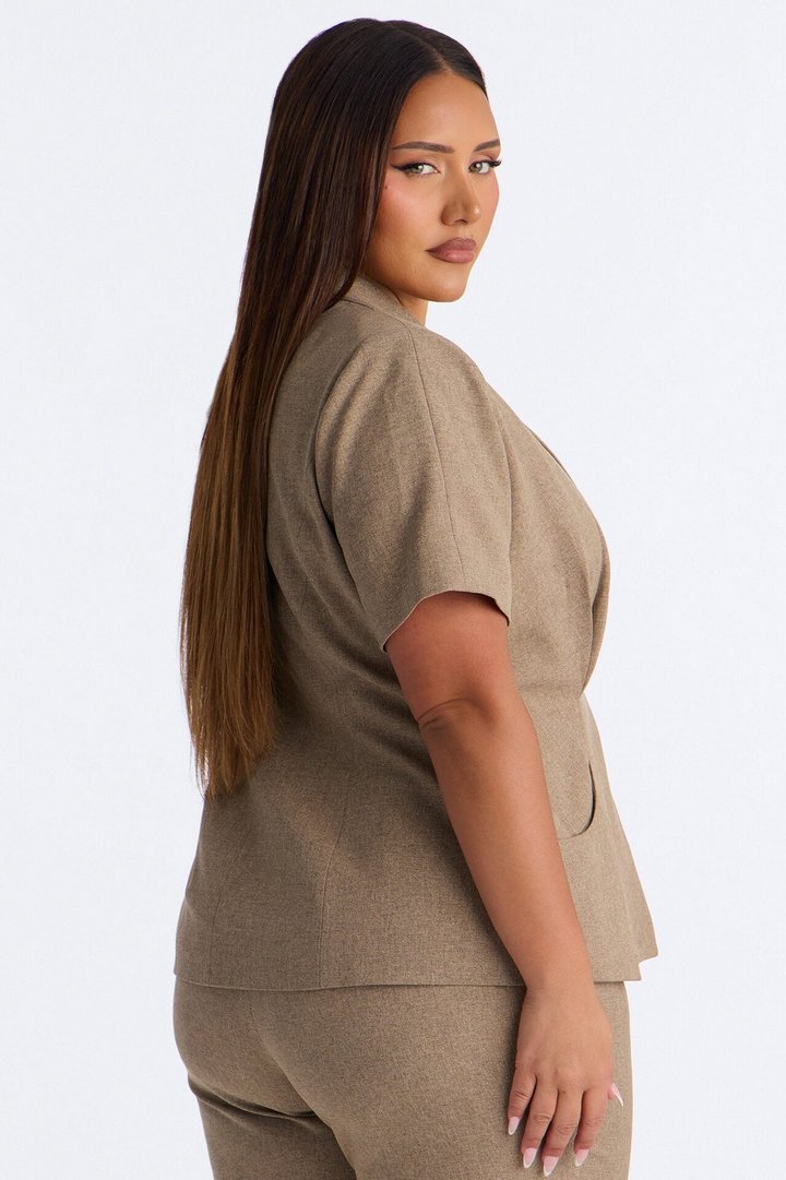 Panthere Short Sleeve Rounded Stand Collar Blazer - Caffe