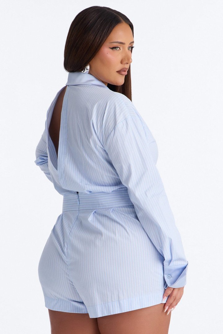 Pia Pinstripe Poplin Romper - Blue