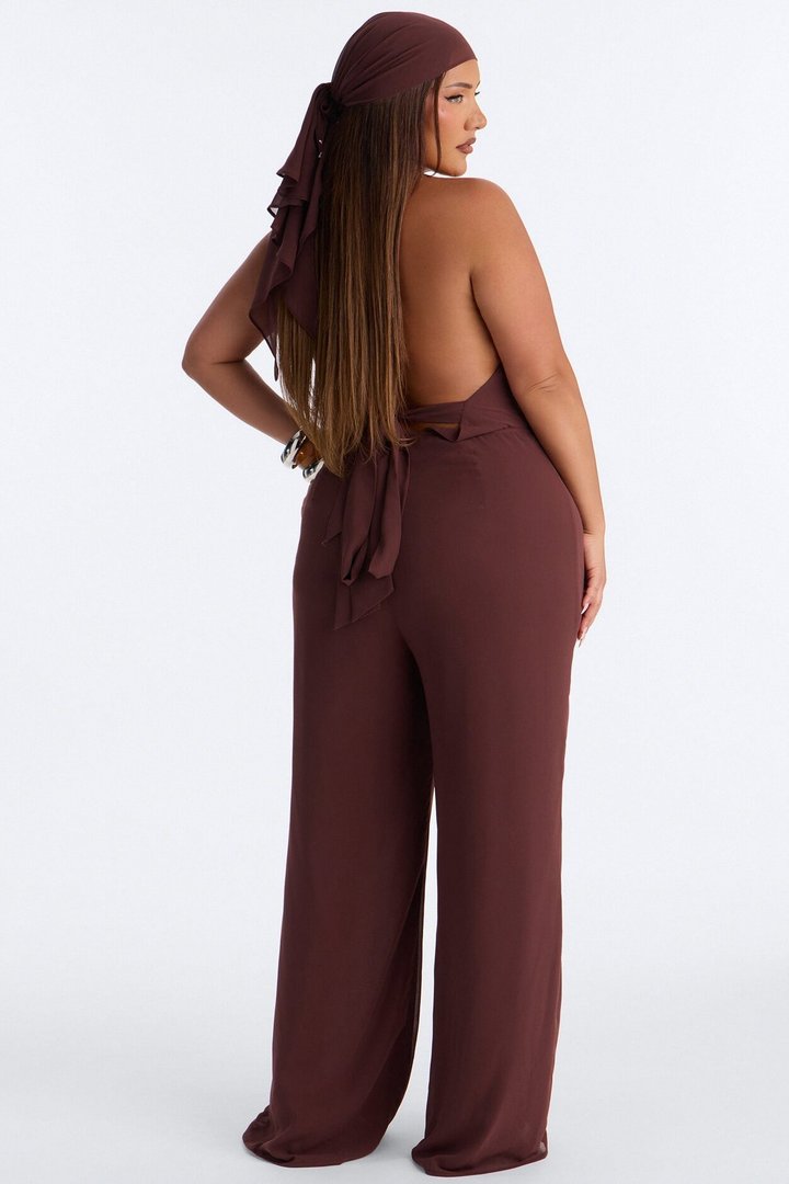 Angelica 2 Piece Chiffon Head Scarf Jumpsuit - Brown