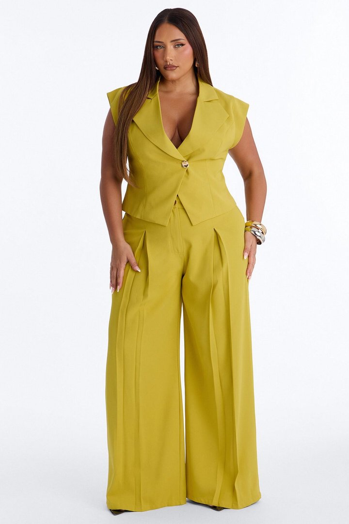 Feeling Polished Cinched Vest Pant Set - Chartreuse