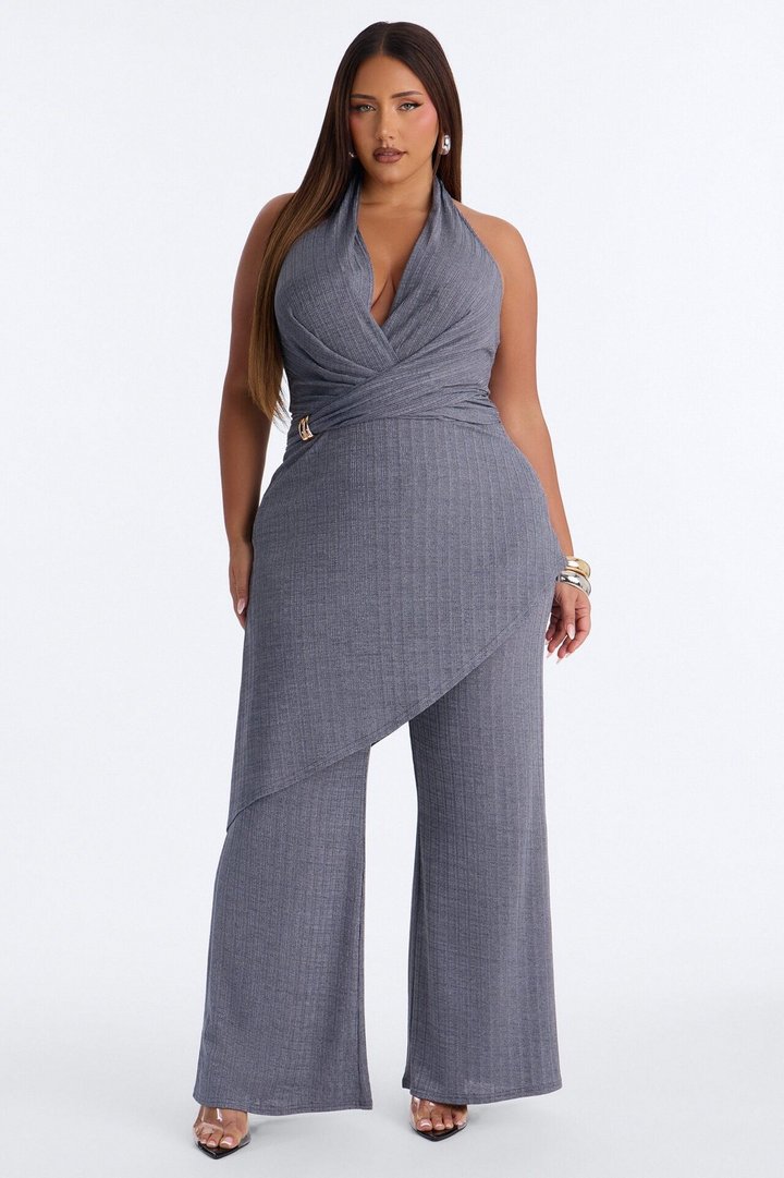 Malia Slinky Plunge Halter Pant Set - Grey