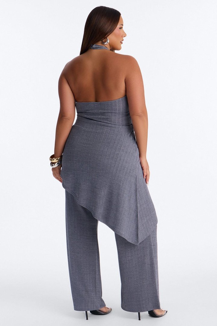 Malia Slinky Plunge Halter Pant Set - Grey