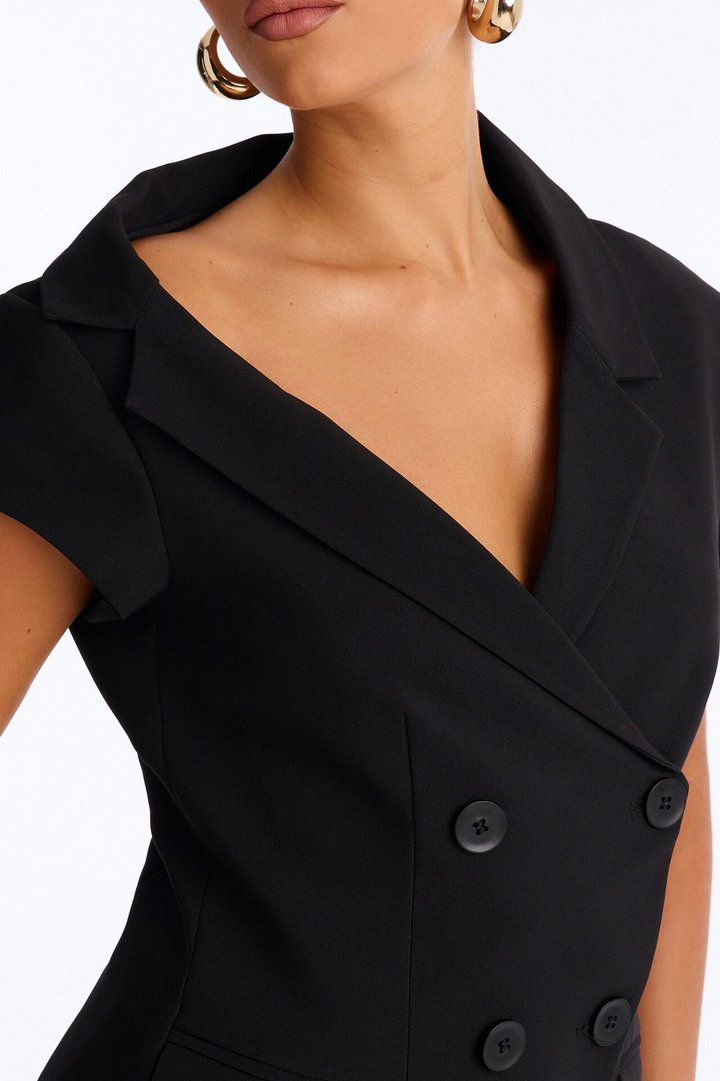 Valerie Asymmetrical Neckline Short Sleeve Blazer - Black