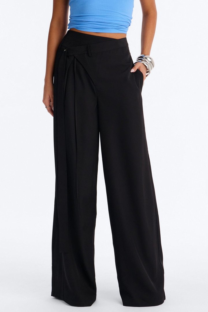 Center of Attention Asymmetrical Waist Wide Leg Trousers - Black