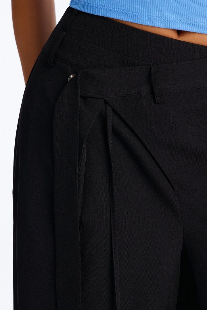 Center of Attention Asymmetrical Waist Wide Leg Trousers - Black