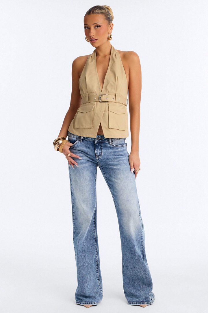 Downtown Heat Belted Twill Halter Top - Taupe