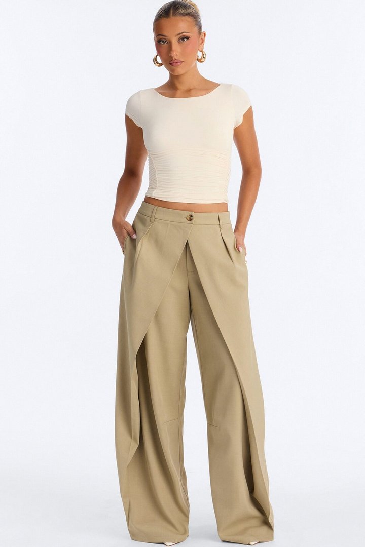 Margaret Solid Wide Leg Front Wrap Trouser Pant - Sage