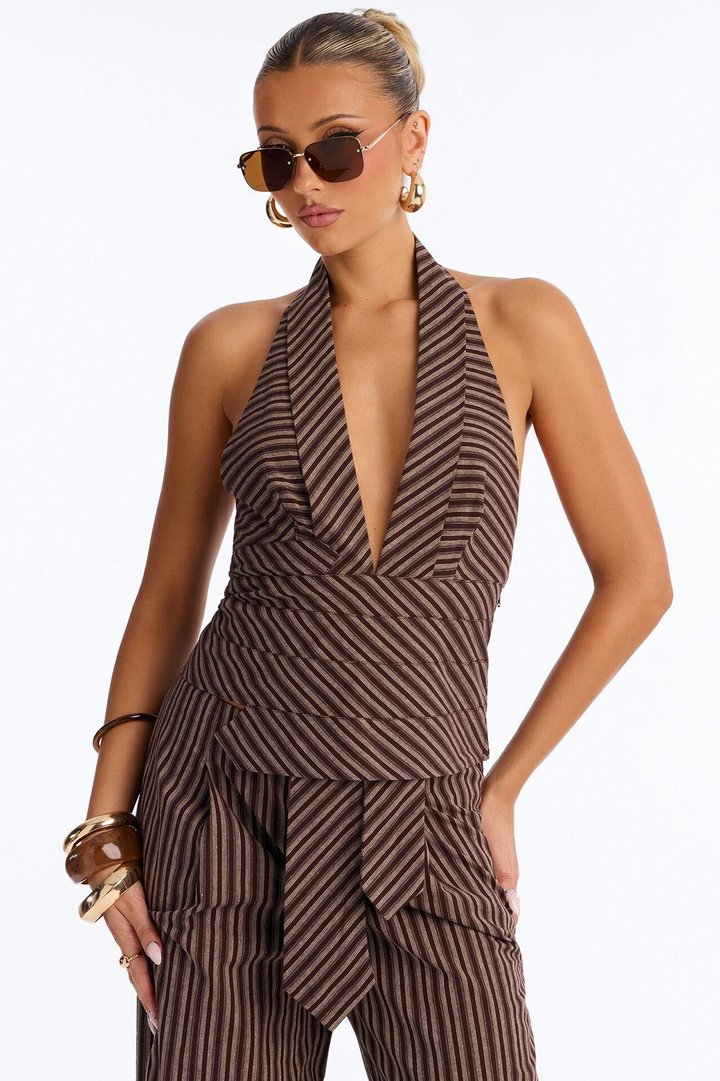 No Ties Linen Halter Pant Set - Brown
