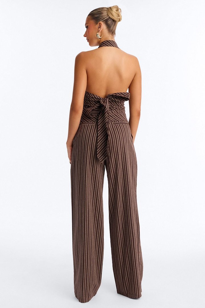 No Ties Linen Halter Pant Set - Brown
