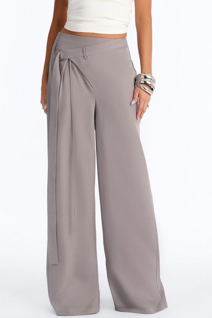 Center of Attention Asymmetrical Waist Wide Leg Trousers - Grey