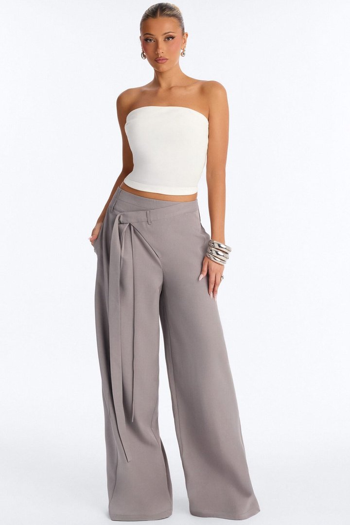 Center of Attention Asymmetrical Waist Wide Leg Trousers - Grey