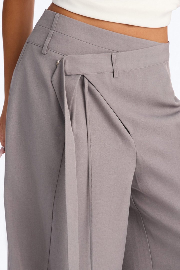 Center of Attention Asymmetrical Waist Wide Leg Trousers - Grey
