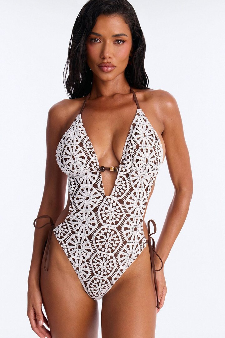 Flower Me Pretty 1 Piece Crochet Cut Out Swimsuit - Brown/combo