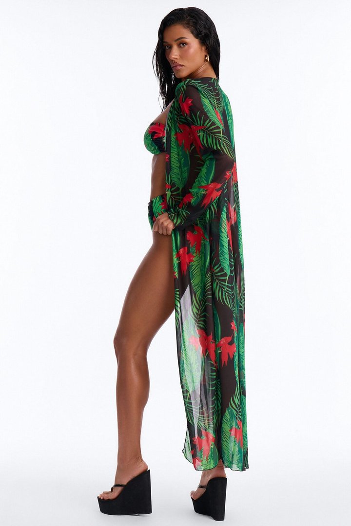 Where The Summer Never Ends Tropical Floral One Shoulder High Waist Maxi 3 Piece Bikini Kimono Set - Green/combo