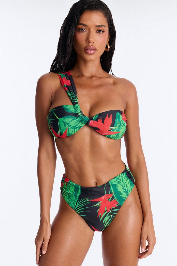 Where The Summer Never Ends Tropical Floral One Shoulder High Waist Maxi 3 Piece Bikini Kimono Set - Green/combo