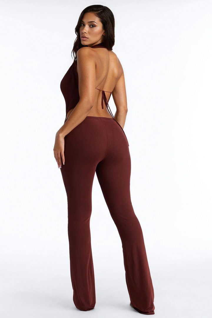 Shayna Cowl Halter Mesh Pant Set - Brown