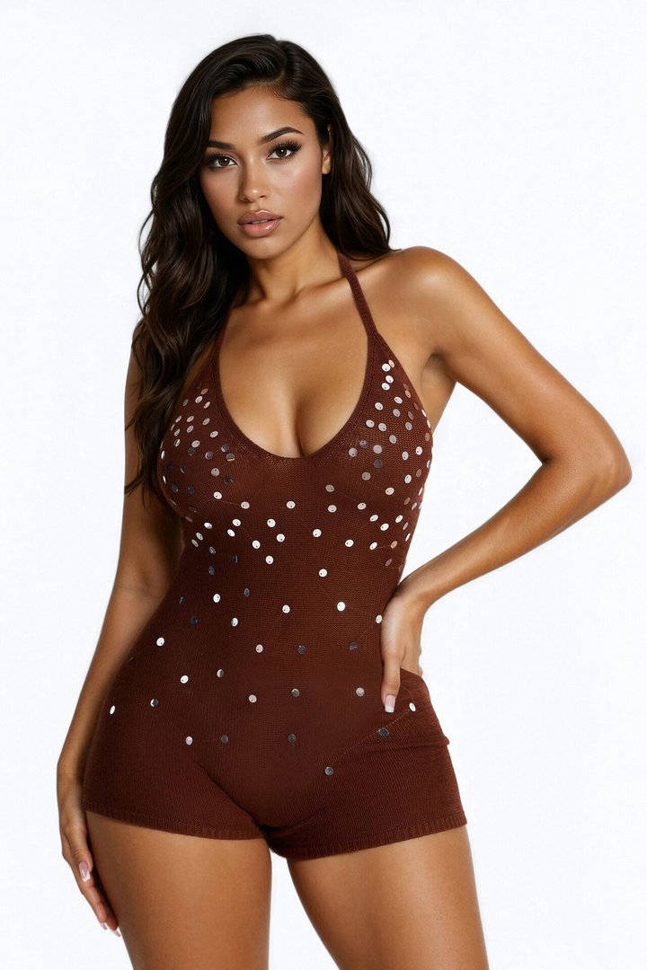 Bree Embellished Knit Romper - Chocolate