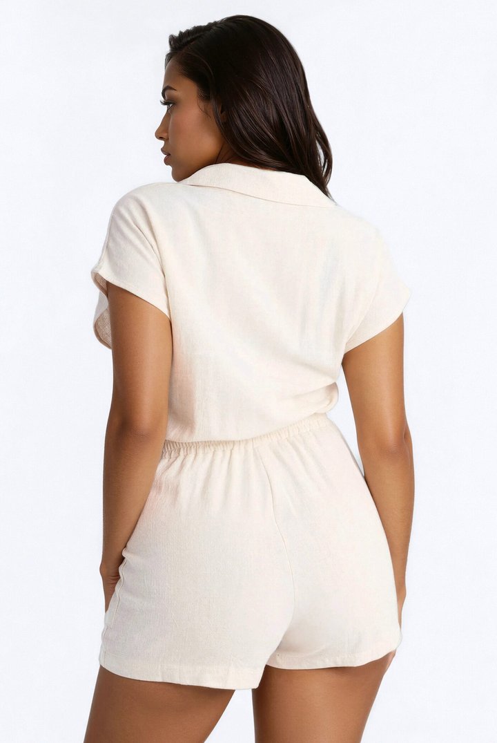 Caroline Button Up Linen Romper - Taupe