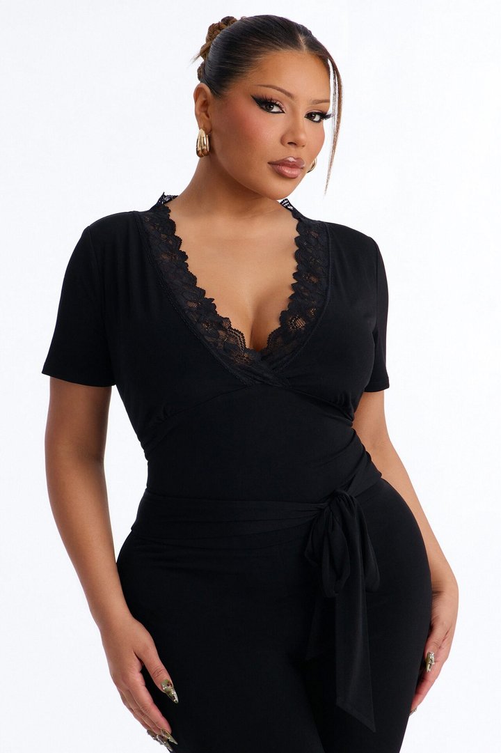 Priscilla Lace Trim Capri Catsuit - Black