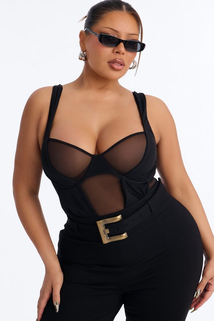 High Expectations Sheer Mesh Sleeveless Bodysuit - Black