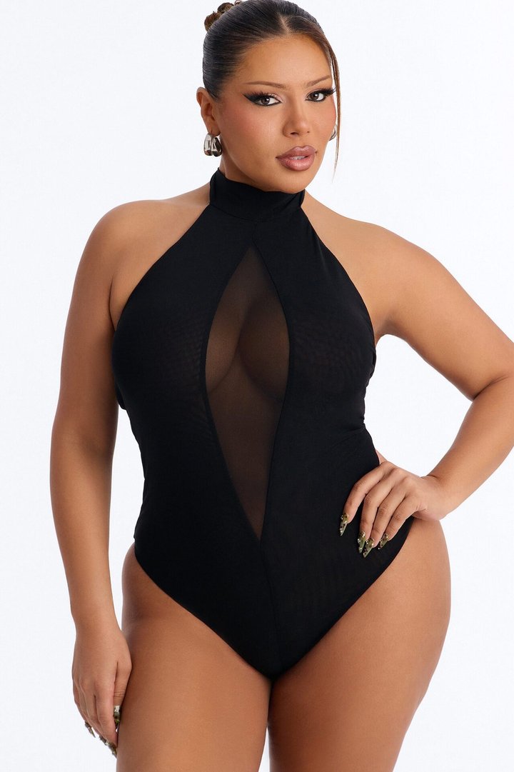 Rianna Mock Neck Sheer Mesh Bodysuit - Black